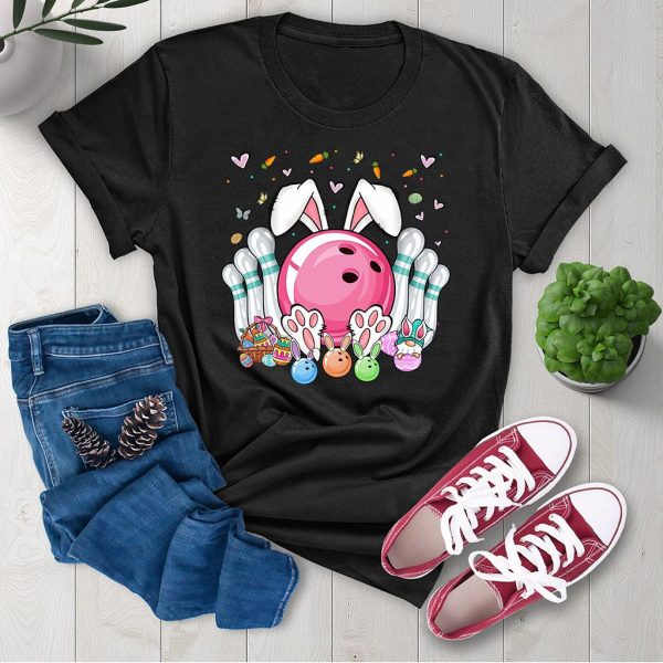 Bowling Ball And Pins Easter Day T Shirt For Women Black With Easter Eggs And Bunny Bowling – TheKingShirtS