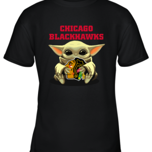 Baby Yoda Hugs The Chicago Blackhawks Ice Hockey Youth T-Shirt –
