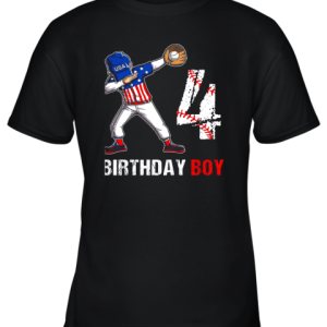 Kids 4 Years Old 4th Birthday Baseball Dabbing Shirt Gift Party Youth T-Shirt –
