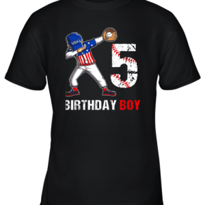 Kids 5 Years Old 5th Birthday Baseball Dabbing Shirt Gift Party Youth T-Shirt –
