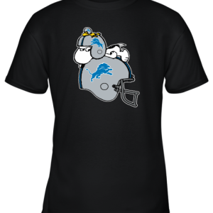 Snoopy And Woodstock Resting On Detroit Lions Helmet Youth T-Shirt –
