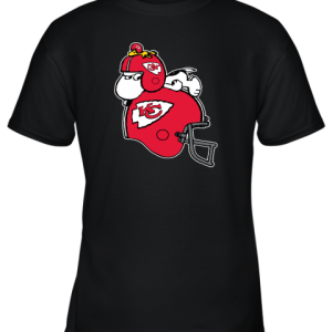 Snoopy And Woodstock Resting On Kansas City Chiefs Helmet Youth T-Shirt –