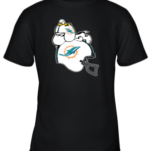 Snoopy And Woodstock Resting On Minami Dolphins Helmet Youth T-Shirt –