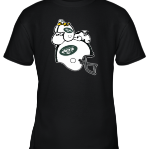 Snoopy And Woodstock Resting On New York Jets Helmet Youth T-Shirt –