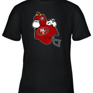 Snoopy And Woodstock Resting On San Francisco 49ers Helmet Youth T-Shirt –