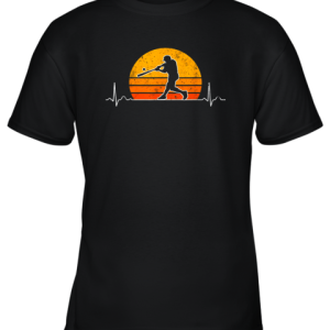 Vintage Baseball Heartbeat Retro Sunset Swinging Batter Gift Youth T-Shirt –