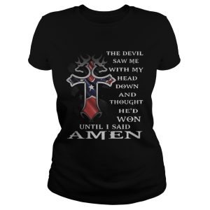 American flag Cross The Devil saw me with my head down and thought he'd won until I said Amen shirt 1
