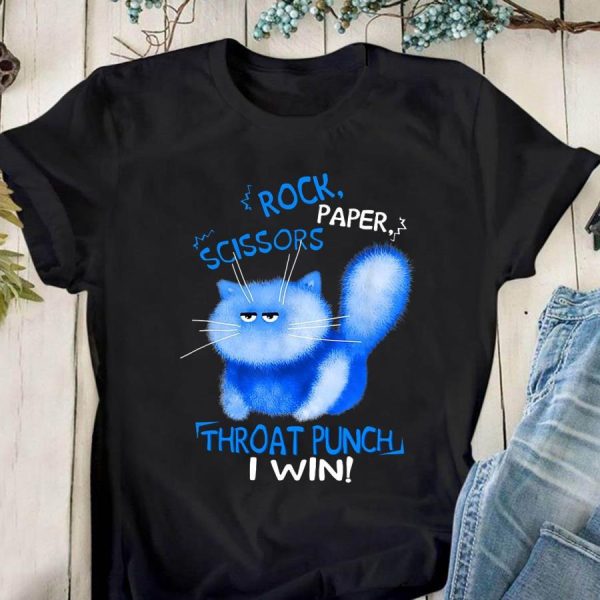 Cat blue rock paper scissors throat punch I win shirt