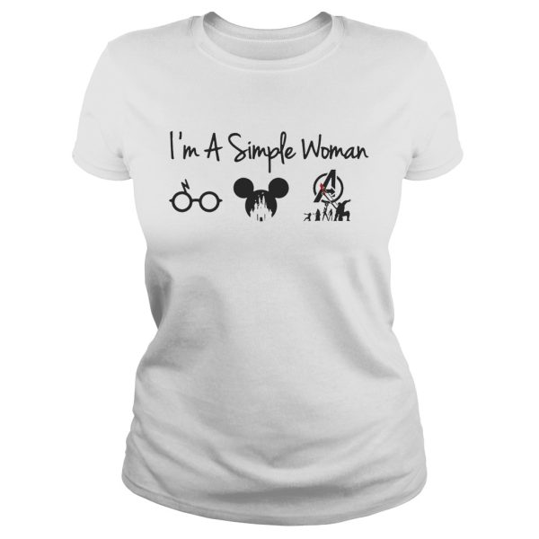 I’m a simple woman I like Harry Potter Disney and Superman shirt