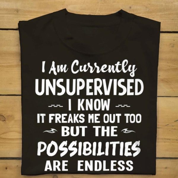 I am currently unsupervised I know it freaks me out too but the possibilities are endless shirt