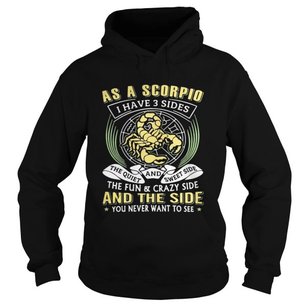 As a scorpio I have 3 sides the quiet and sweet side the fun and crazy side shirt