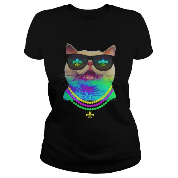 Cat Face Mardi Gras Sunglasses Beads T-Shirt