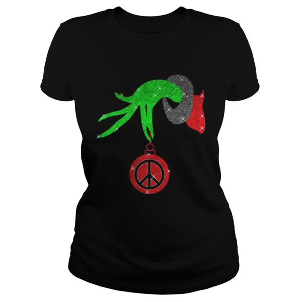 Grinch hand holding Hippie peace ornament Christmas shirt