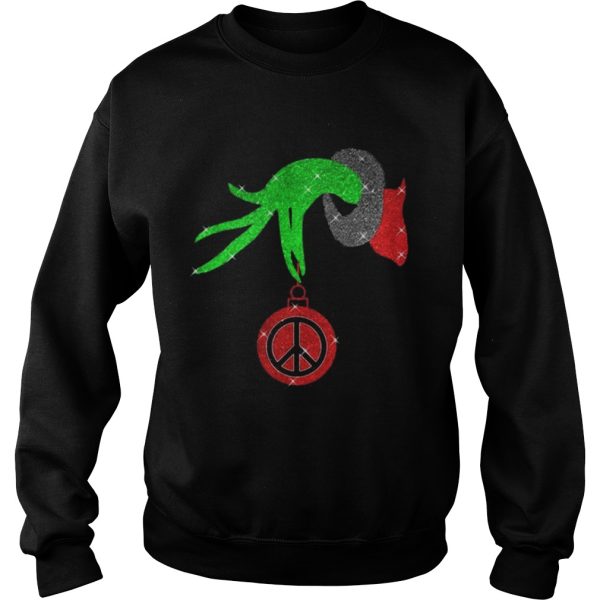 Grinch hand holding Hippie peace ornament Christmas shirt