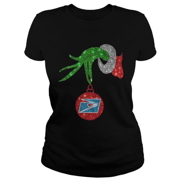 Grinch hand holding US postal service ornament shirt