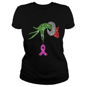 Grinch hand holdings Breast Cancer ornament shirt 1