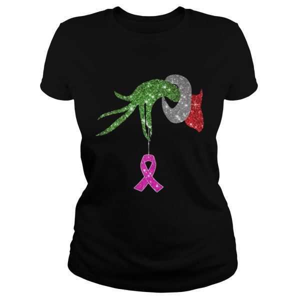 Grinch hand holdings Breast Cancer ornament shirt