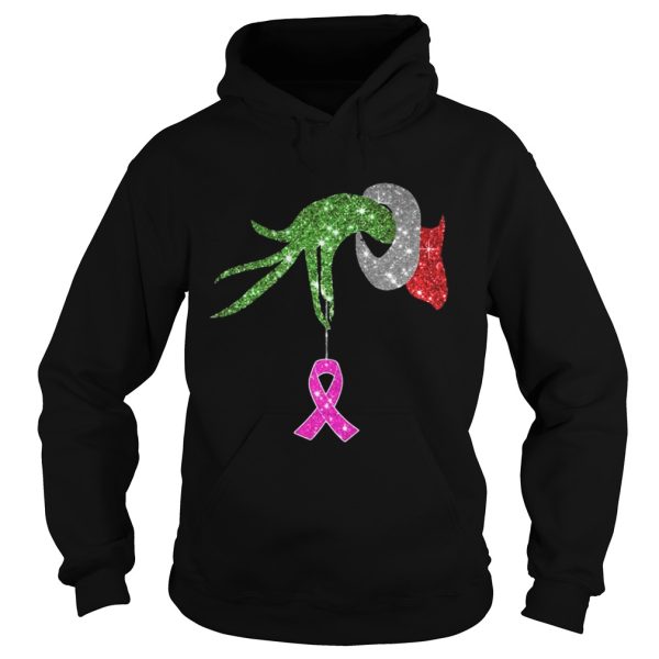 Grinch hand holdings Breast Cancer ornament shirt