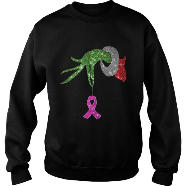 Grinch hand holdings Breast Cancer ornament shirt