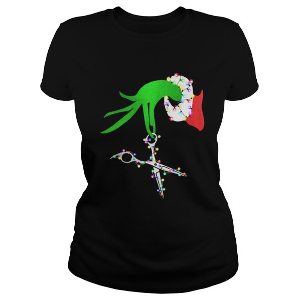 Grinch hand holds scissor hairstylist Christmas shirt