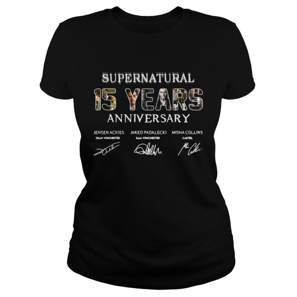 Supernatural 15 years anniversary Jensen Ackles Jared Padalecki Misha Collins signature shirt