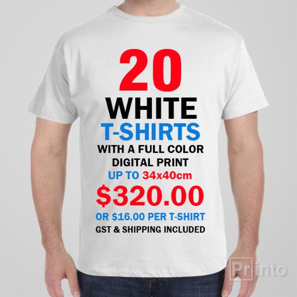 20 x White custom printed T-shirts