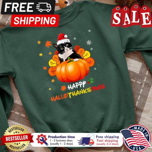 Cat happy hallothanksmas christmas thanksgiving shirt