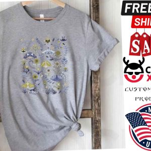 Cottagecore Blue Butterflies Flowes Scandinavian Folk Art Shirt 1