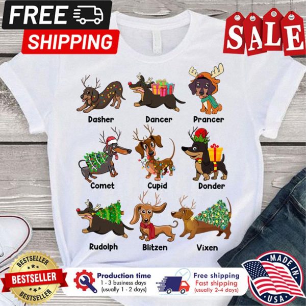 Dachshund dasher dancer prancer comet cupid donder rudolph blitzen vixen merry christmas shirt