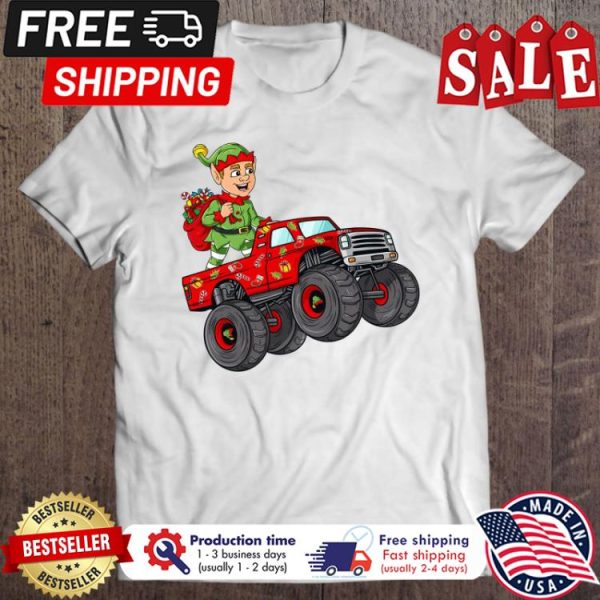 Elf Riding Monster Truck Boys Kids christmas shirt