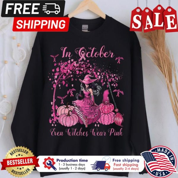 In October even Witch wear Pink Pumpkin Halloween breast cancer awareness shirt