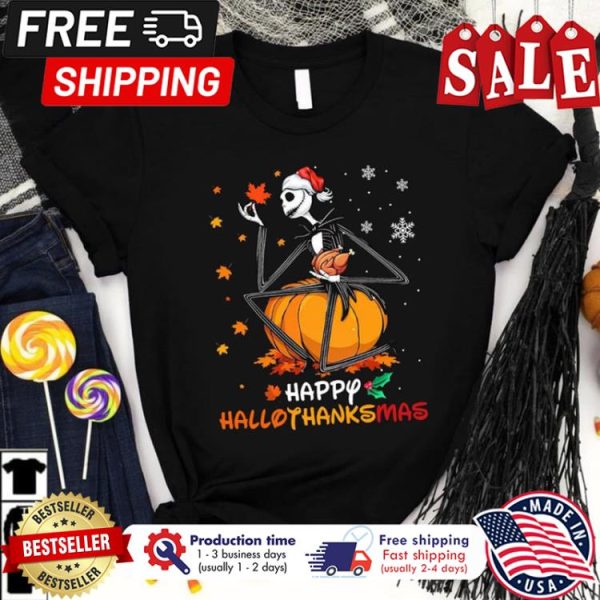 Jack Skellington pumpkin happy hallothanksmas thanksgiving halloween shirt