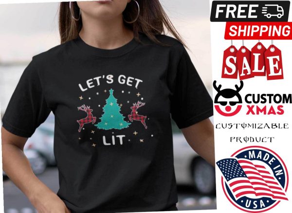 Lets Get Lit Christmas T Shirt Red Buffalo Plaid Reindeer Shirt