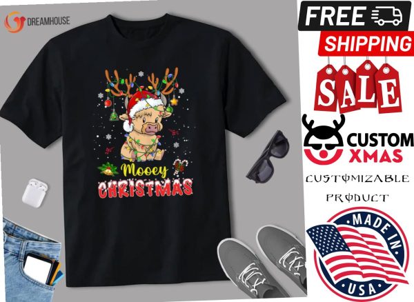 Light Santa Hat Mooey Christmas Shirt Highland Cow Xmas Shirt