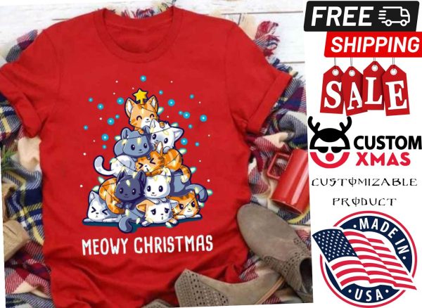 Meowy Christmas Cat Christmas Tree Lights Shirt