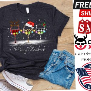 Merry Christmas Shirt, Wine Glass Santa Hat Shirt