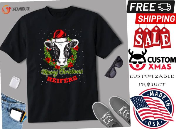 Mooey Christmas Cow Santa Xmas Lights Shirt