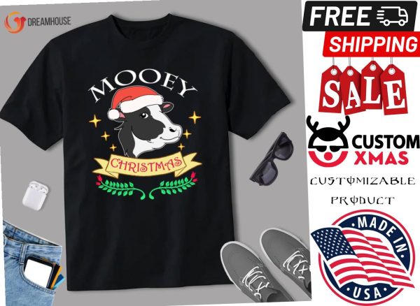 Mooey Christmas Cow Wearing Santa Hat Cute Graphic Shirt