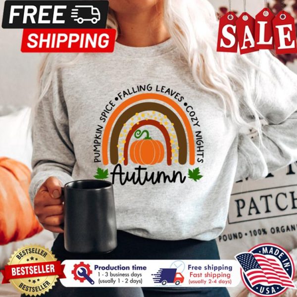 Rainbow pumpkin spice falling leaves cozy mights autumn thanksgiving shirt