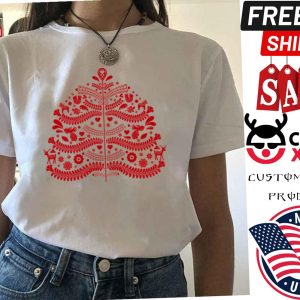 Red Scandinavian Folk Art Style Christmas Tree Shirt