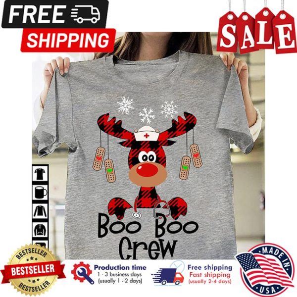 Reindeer buffalo plaid nurse boo boo crew snowflakes christmas shirt