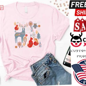 Scandinavian Christmas Pattern Deer Owls Foxes Trees Shirt