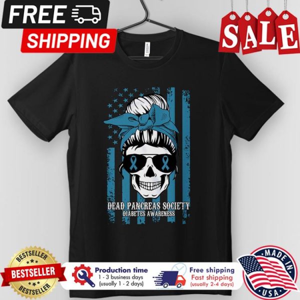 Skull messy bun dead pancreas society diabetes awareness american flag shirt