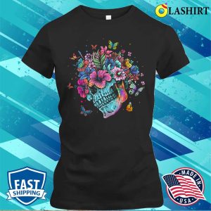 Floral Butterfly Skull Funny Halloween Costume Hippie Flower T shirt 2
