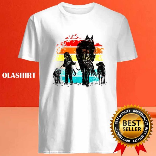 Funny Vintage Girl With Dogs And Horse Funny Horseback Riding T-shirt