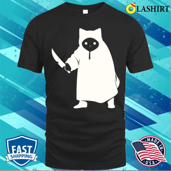 Funny White Cat Murderous Cat With Knife T-shirt