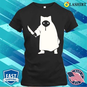 Funny White Cat Murderous Cat With Knife T-shirt 1 Funny White Cat Murderous Cat With Knife T shirt 2