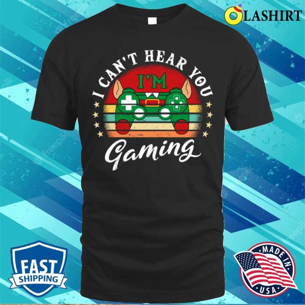 I Cant Hear You Im Gaming Funny Elf Gaming Controllers Gamer Xmas Design Vintage T-shirt