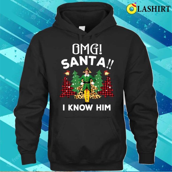 Omg Santa I Know Him Funny Elf Christmas Costume Tree Leopard Print T-shirt