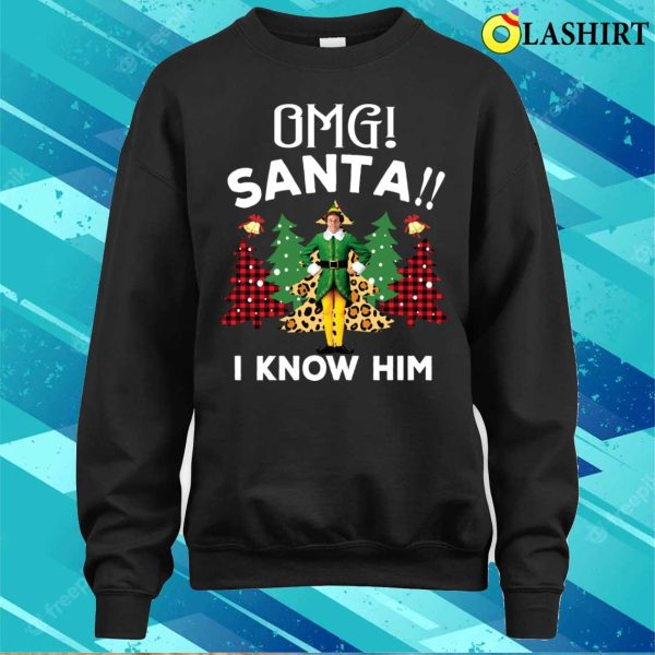 Omg Santa I Know Him Funny Elf Christmas Costume Tree Leopard Print T-shirt